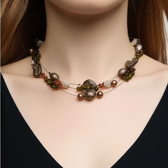Bohemian Style Earth Tone Natural Colours Shell Three Strand Wired Necklace
